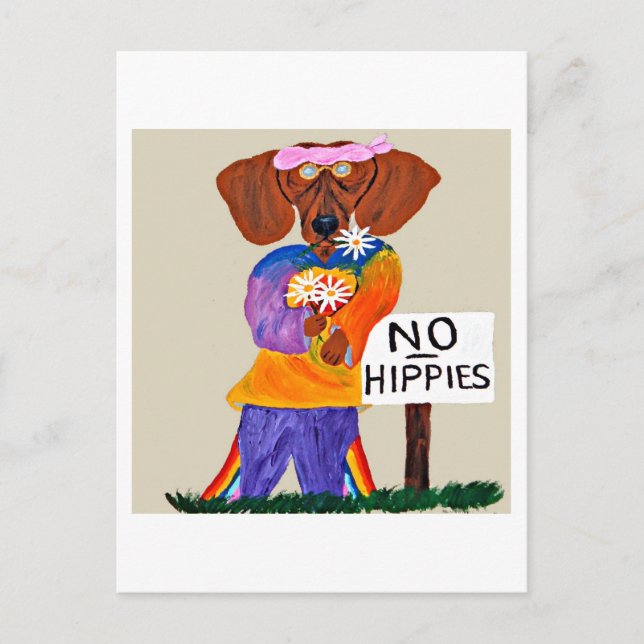 Postal Dachshund Hippie en cartel de No Hippies (Anverso)