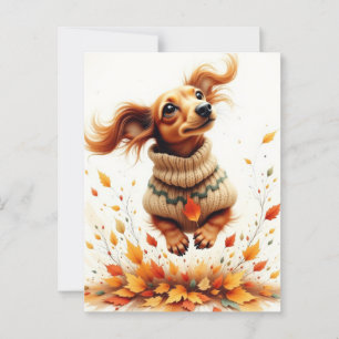 Postal Dachshund jugando en las hojas de otoño