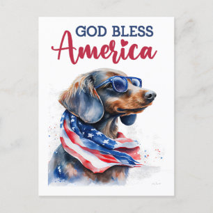 Postal Dachshund Patriótico, Dios Bendiga a América Tarje