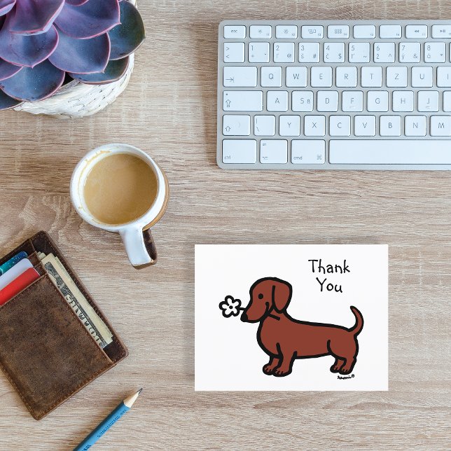 Postal Dachshund Pelirrojo de Pelo Liso Minúscula Flor Gr (Red Smooth Haired Dachshund Tiny Flower Thank You Card for Doxie fans.  Cute sausage dog cartoon.)