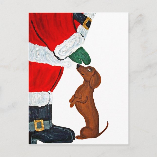 Postal Dachshund recibiendo una mascota de Santa (Anverso)