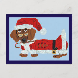 Postal Dachshund Santa con un bastón de caramelo