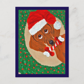 Postal Dachshund Santa mirando a través de la corona