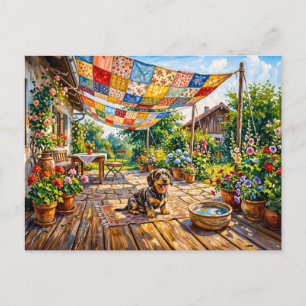 Postal Dachshund Sentado Bajo un Colorido Jardín de Parch