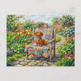 Postal Dachshund sentado en una silla de jardín de patchw
