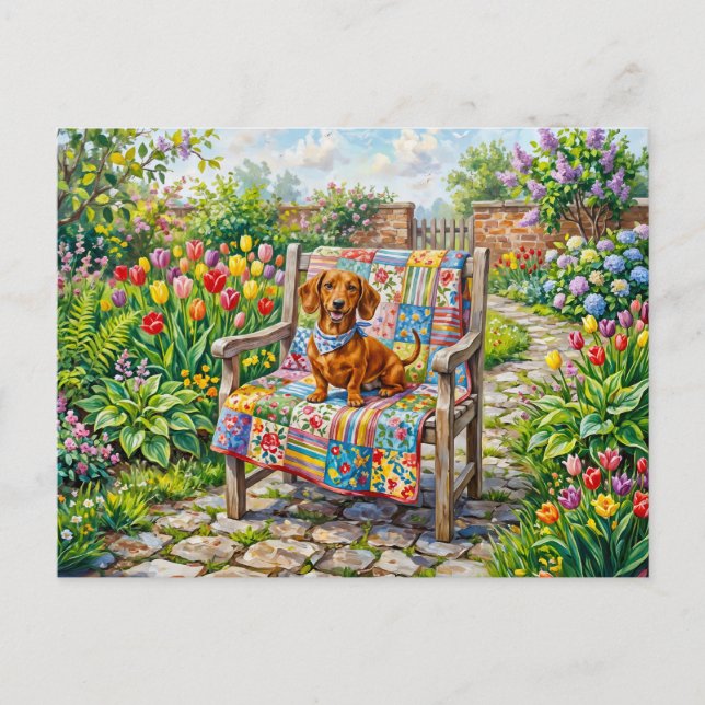 Postal Dachshund sentado en una silla de jardín de patchw (Anverso)