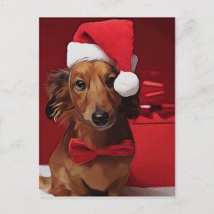 Postal Dachshund Sentado Frente A Un Regalo De Navidades 