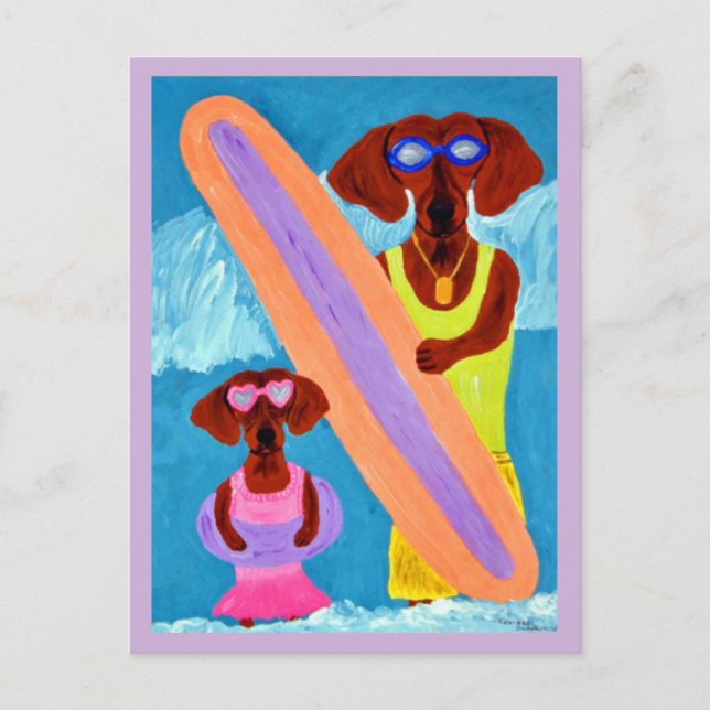 Postal Dachshund surfista con cachorro (Anverso)