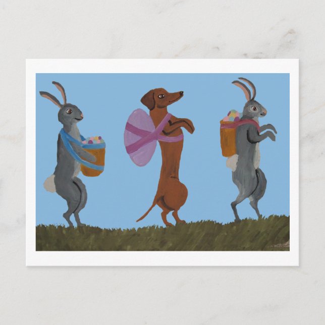 Postal Dachshund y conejos de Pascua desfilando (Anverso)