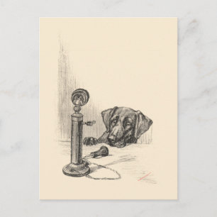 Postal Dachshund y teléfono antiguo
