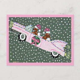 Postal Dachshunds en Navidad en un convertible rosa
