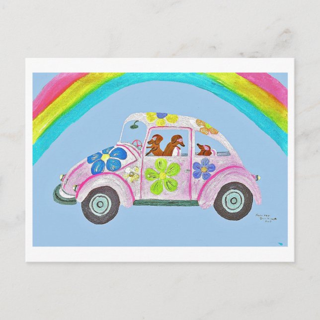 Postal Dachshunds en un auto hippie (Anverso)