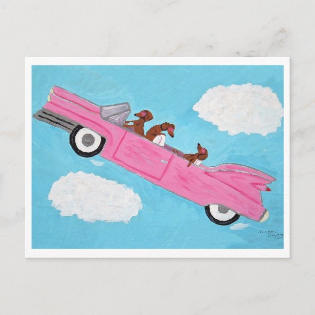 Postal Dachshunds en un convertible rosa en el cielo (Anverso)