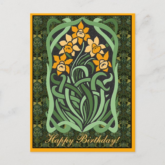Postal Daffodils de cumpleaños de Art Nouveau (personaliz (Anverso)