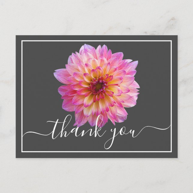 Postal Dahlia Amarillo Rosa Fondo Gris Gracias (Anverso)