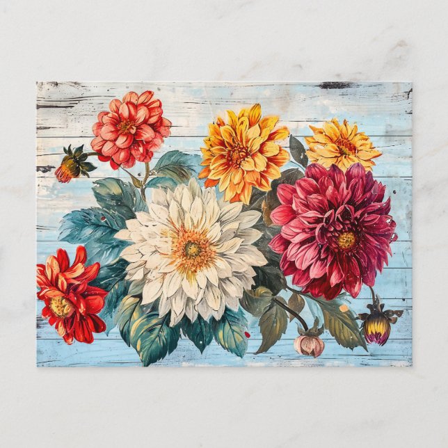 Postal Dahlia Garden Mix on Blue Wood (Anverso)