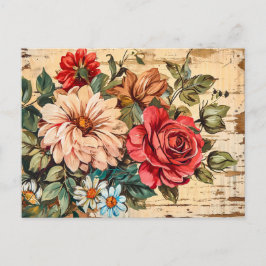 Postal Dahlias and Roses on Cracked Wooden Wall