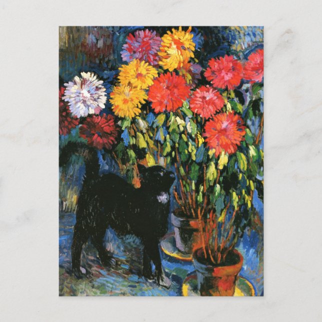 Postal Dahlias y gato negro, pintura artística fina (Anverso)