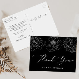 Postal Dainty Floral Black and White Boda Gracias