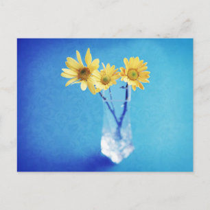 Postal Daisies amarillos sobre azul con patrón Brocade