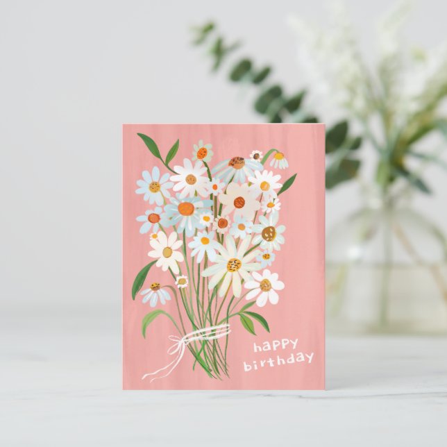 Postal Daisy Bouquet Happy Birday BlushPink Pintado a man (Anverso de pie)