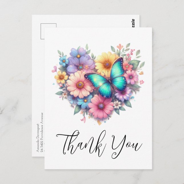 Postal Daisy Flowers with a Beautiful Butterfly Thank You (Anverso / Reverso)