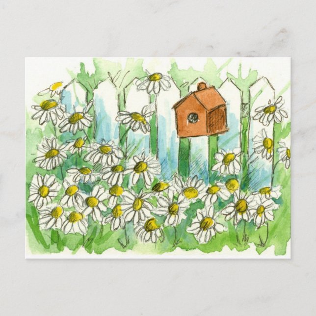 Postal Daisy Watercolor Flowers Bird House (Anverso)