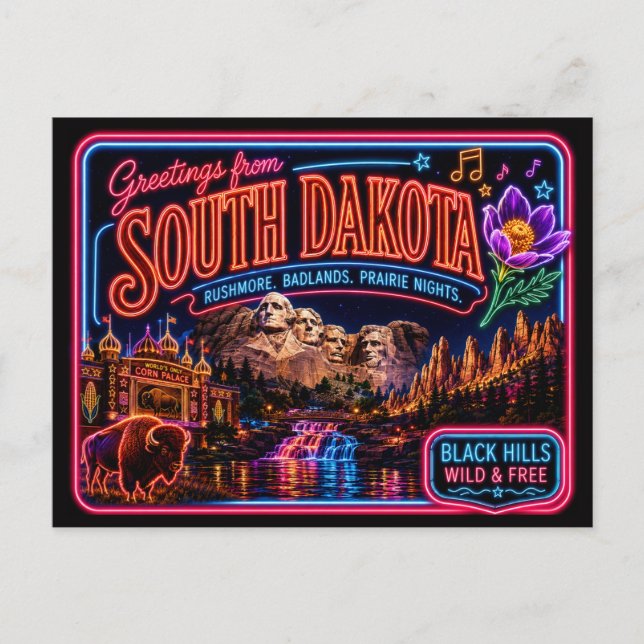 Postal Dakota del Sur Neon State Retro Vintage (Anverso)