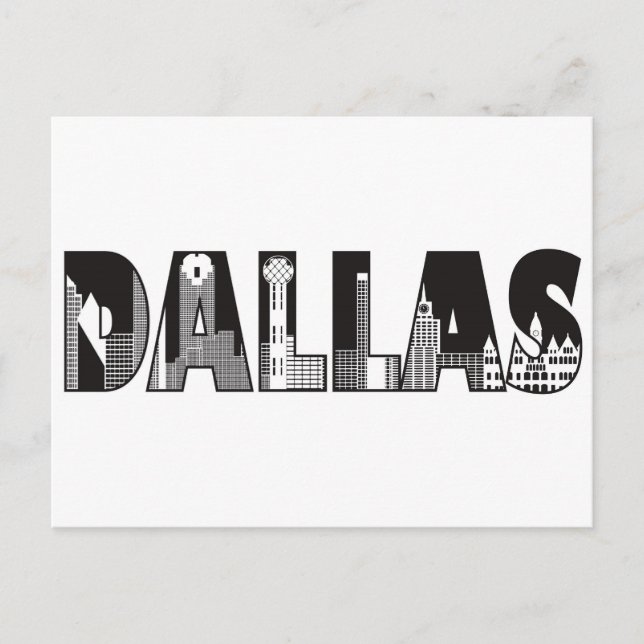 Postal Dallas Texto con dibujo de esquema de edificios (Anverso)