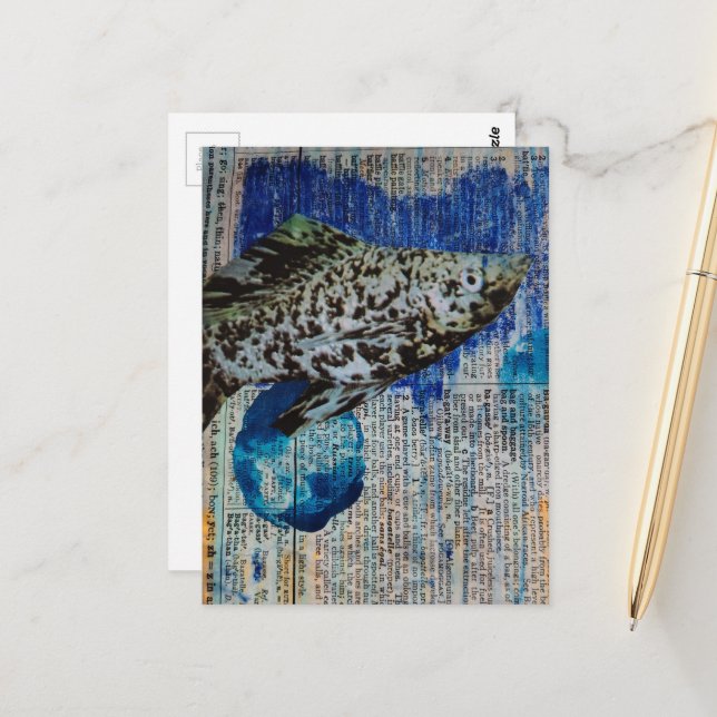 Postal Dalmation Molly Fish mixed media collage Postcard (Anverso/Reverso In Situ)