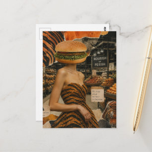 Postal Dama abstracta surrealista con cabeza de hamburgue