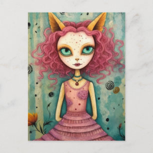 Postal Dama Adorable Con Oídos De Gato Collage De Medios