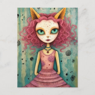 Postal Dama Adorable Con Oídos De Gato Collage De Medios