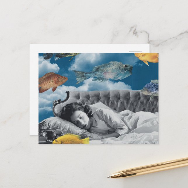 Postal Dama antigua durmiendo en océano de nubes y peces (Anverso/Reverso In Situ)