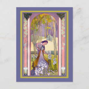 Postal Dama Art Deco en el jardín