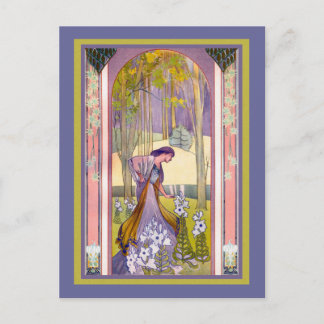 Postal Dama Art Deco en el jardín