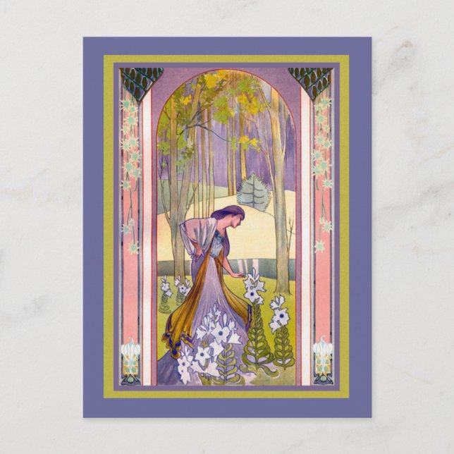 Postal Dama Art Deco en el jardín (Anverso)