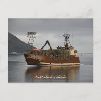 Postal Dama ártica, bote de cangrejo en puerto holandés, 