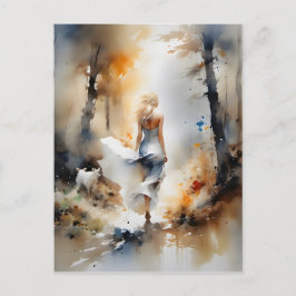 Postal Dama Caminando Por Un Bosque