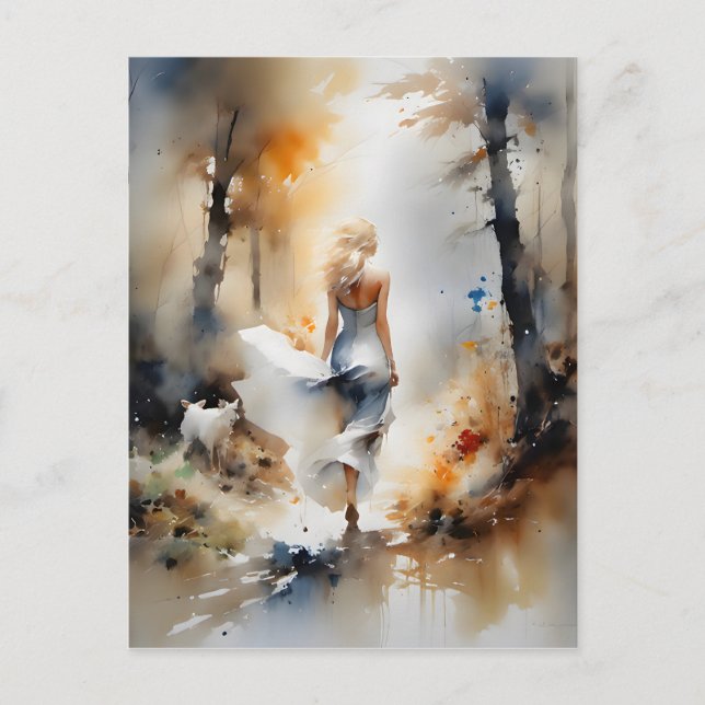 Postal Dama Caminando Por Un Bosque (Anverso)