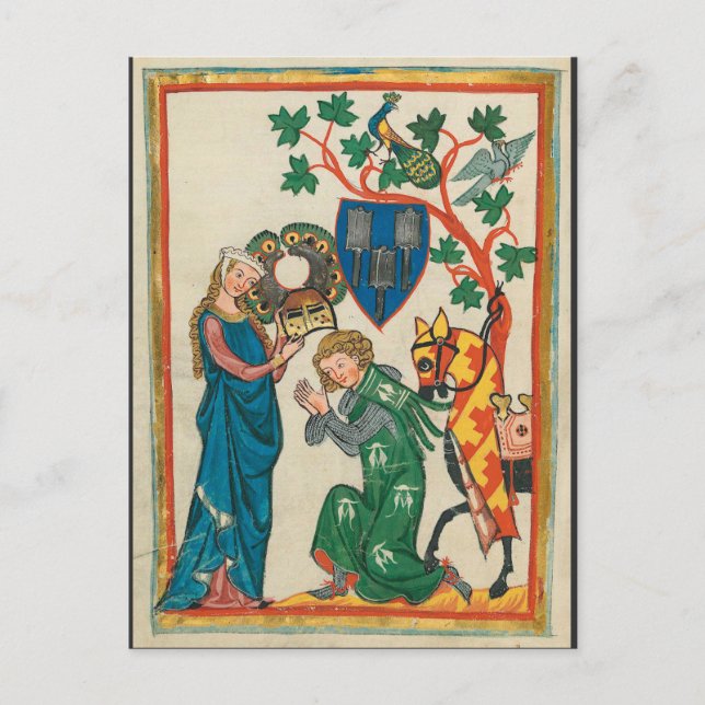 Postal Dama con caballero, manuscrito medieval del siglo  (Anverso)