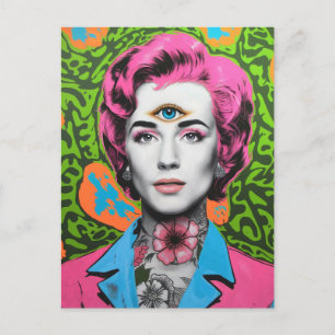 Postal Dama con el pelo rosado y un tercer ojo