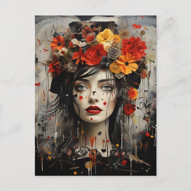 Postal Dama con flores en el pelo de pintura desgarradora (Anverso)