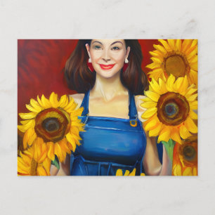 Postal Dama con girasoles