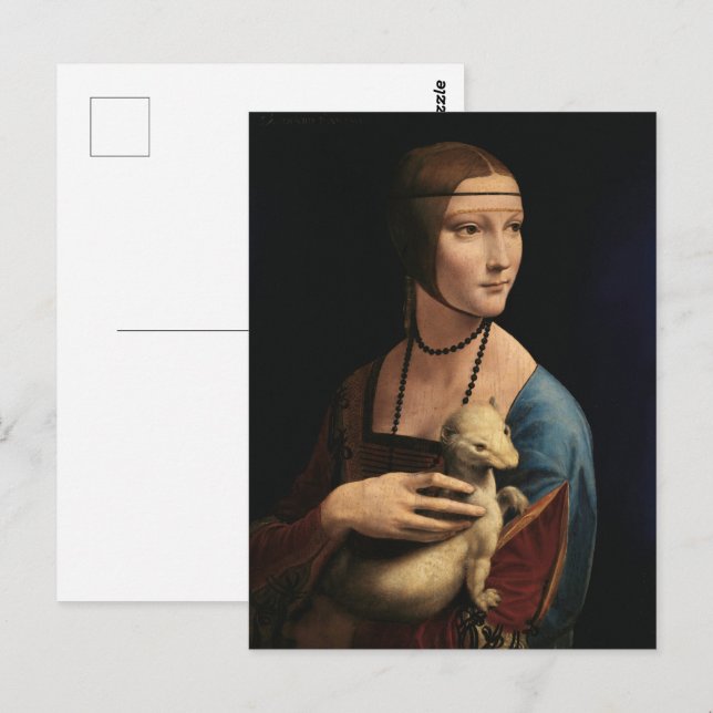Postal Dama con un Ermio por Leonardo da Vinci (Anverso / Reverso)
