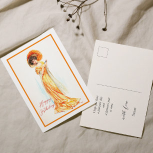 Postal Dama con vestido amarillo, Feliz Cumpleaños
