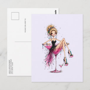 Postal Dama Coqueta y Linda en una Copa de Martini