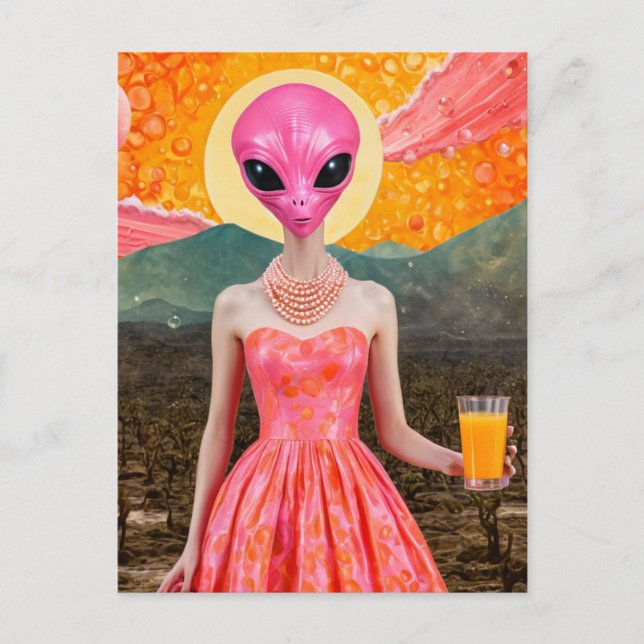 Postal Dama de Alien divertida de rosa con jugo Naranja (Anverso)