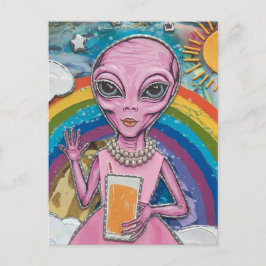 Postal Dama de Alien en rosa con arcoiris de jugo Naranja