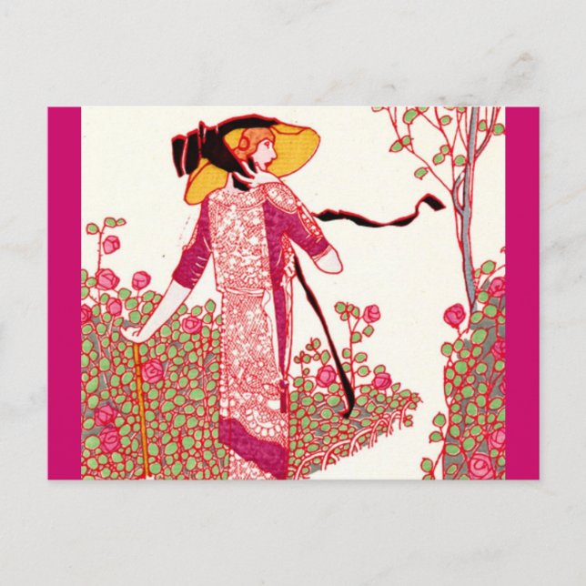 Postal Dama de Art Deco de moda en un jardín Rosa (Anverso)